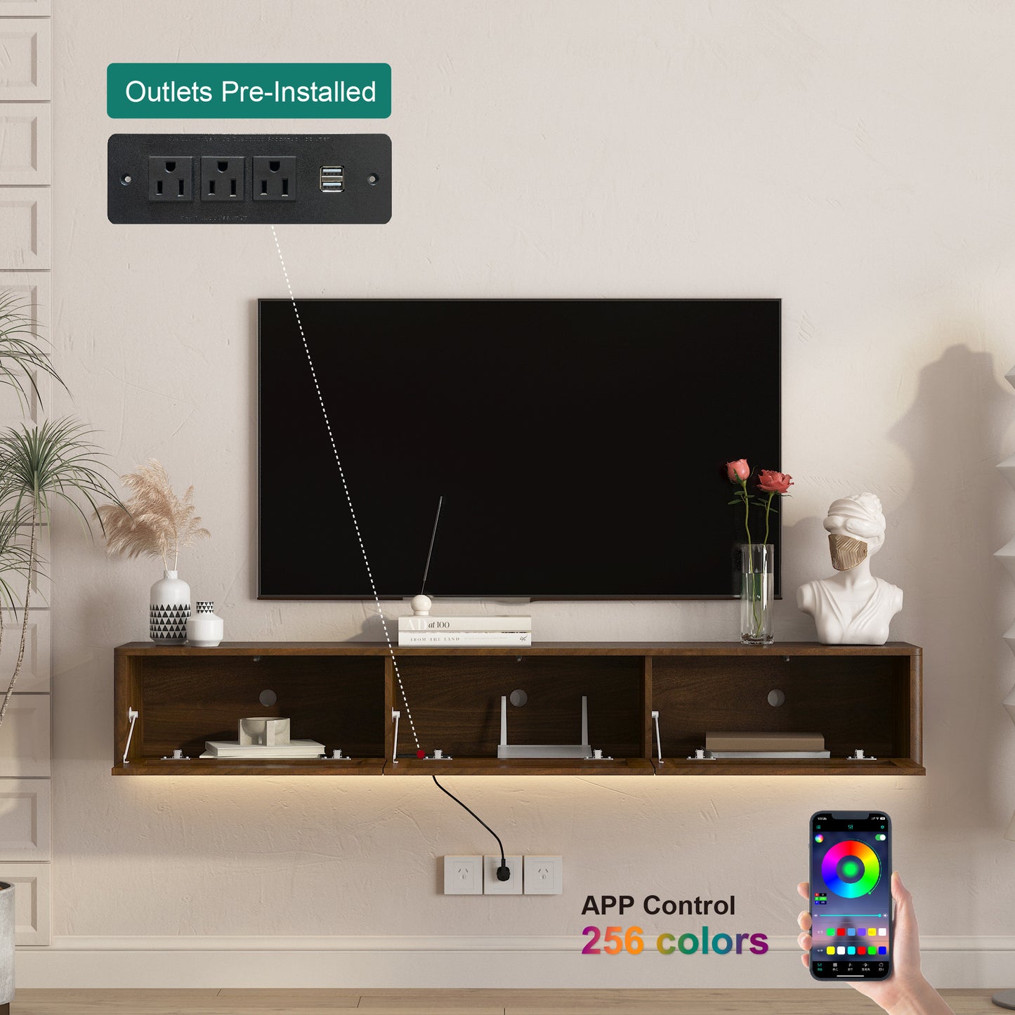 Floating TV Stand, Wall Mounted TV Shelf With Led Lights & Power Outlet,High Gloss TV Cabinet For Wood Tv Stands For Living Room