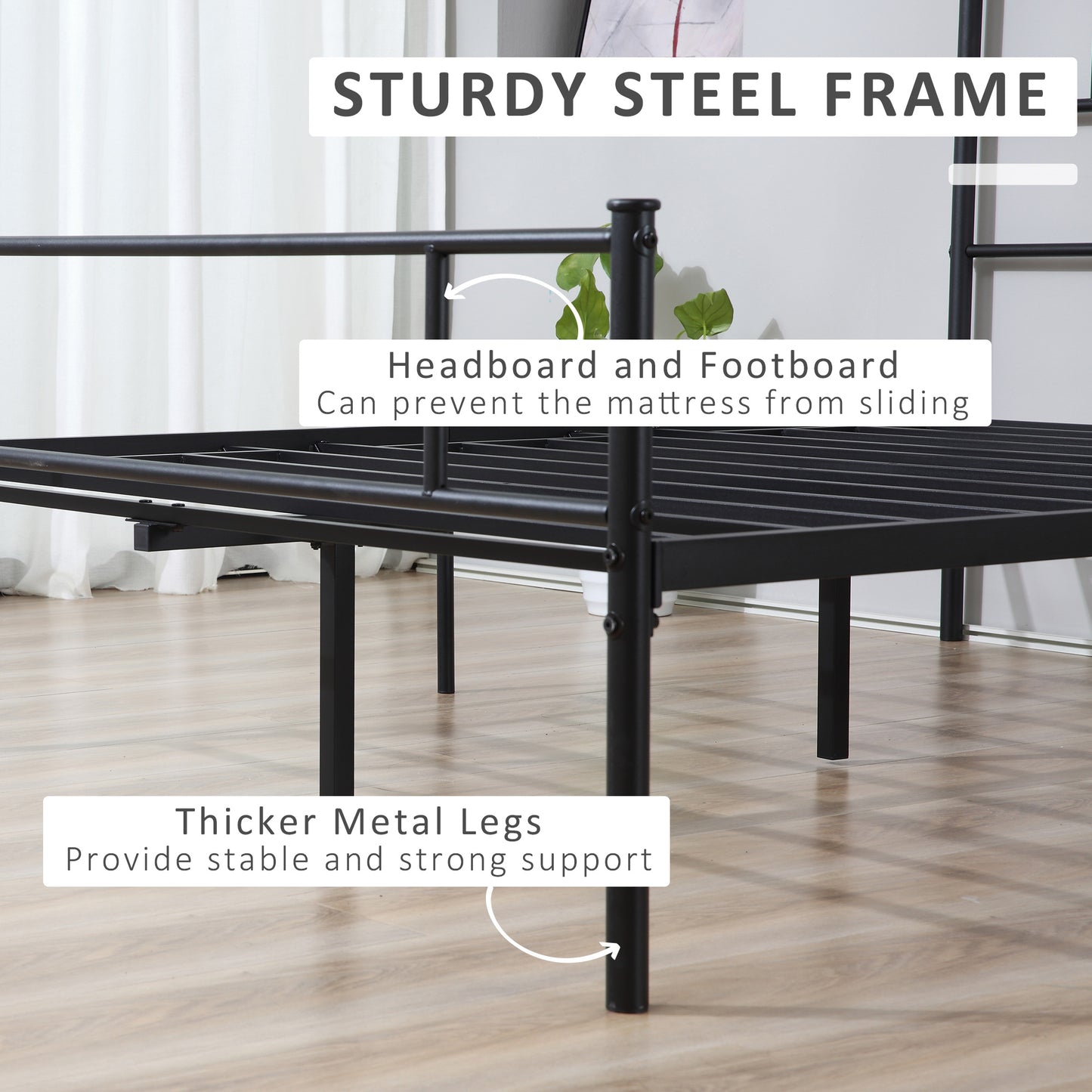 King Metal Bed Frame Solid Bedstead Base With Headboard And Footboard, Metal Slat Support And Underbed Storage Space, Bedroom Furniture, Black