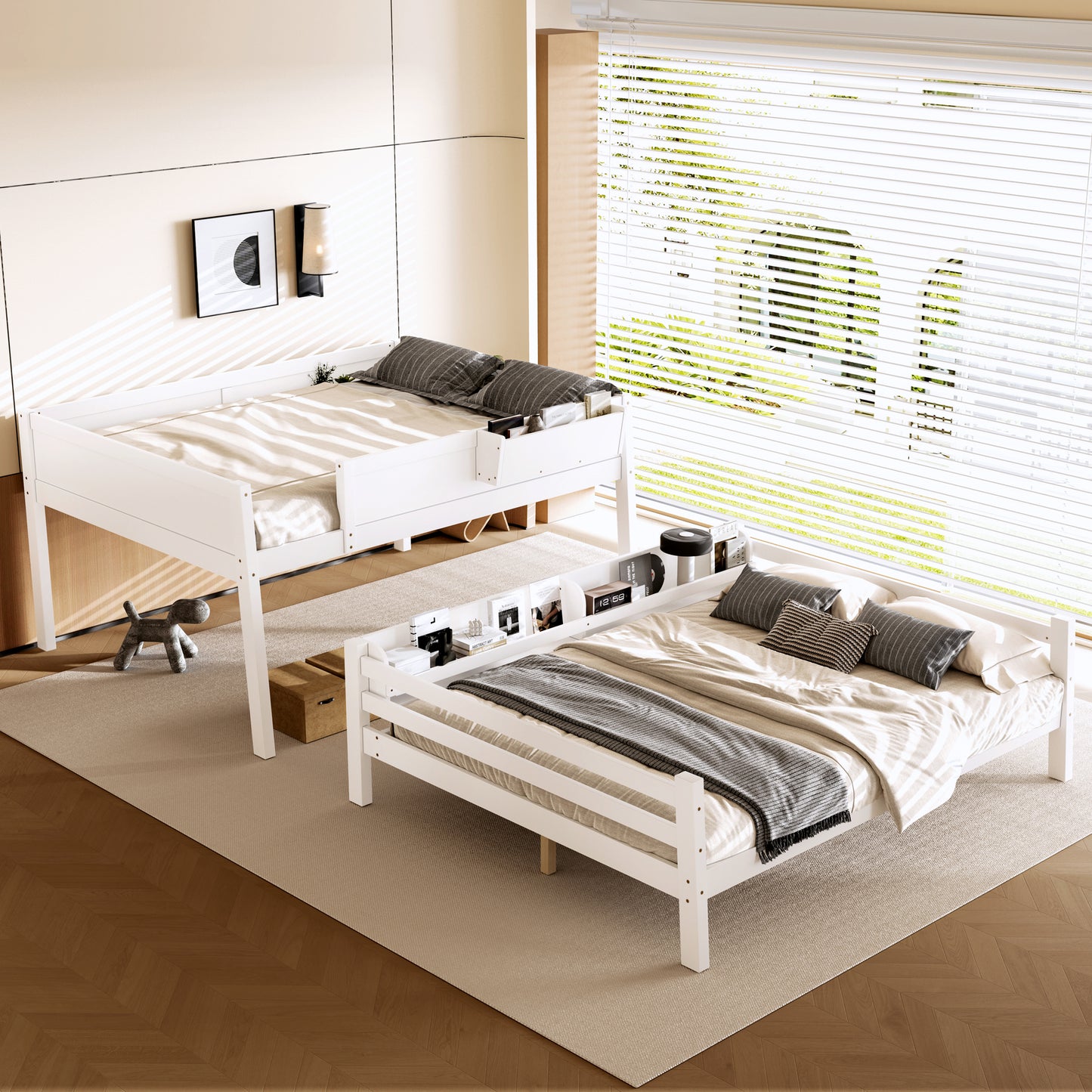 Queen Bunk Bed With Storage Shelf And Bookshelf,Wood Bunk Bed With Ladder And Guardrails,Detachable Design,White