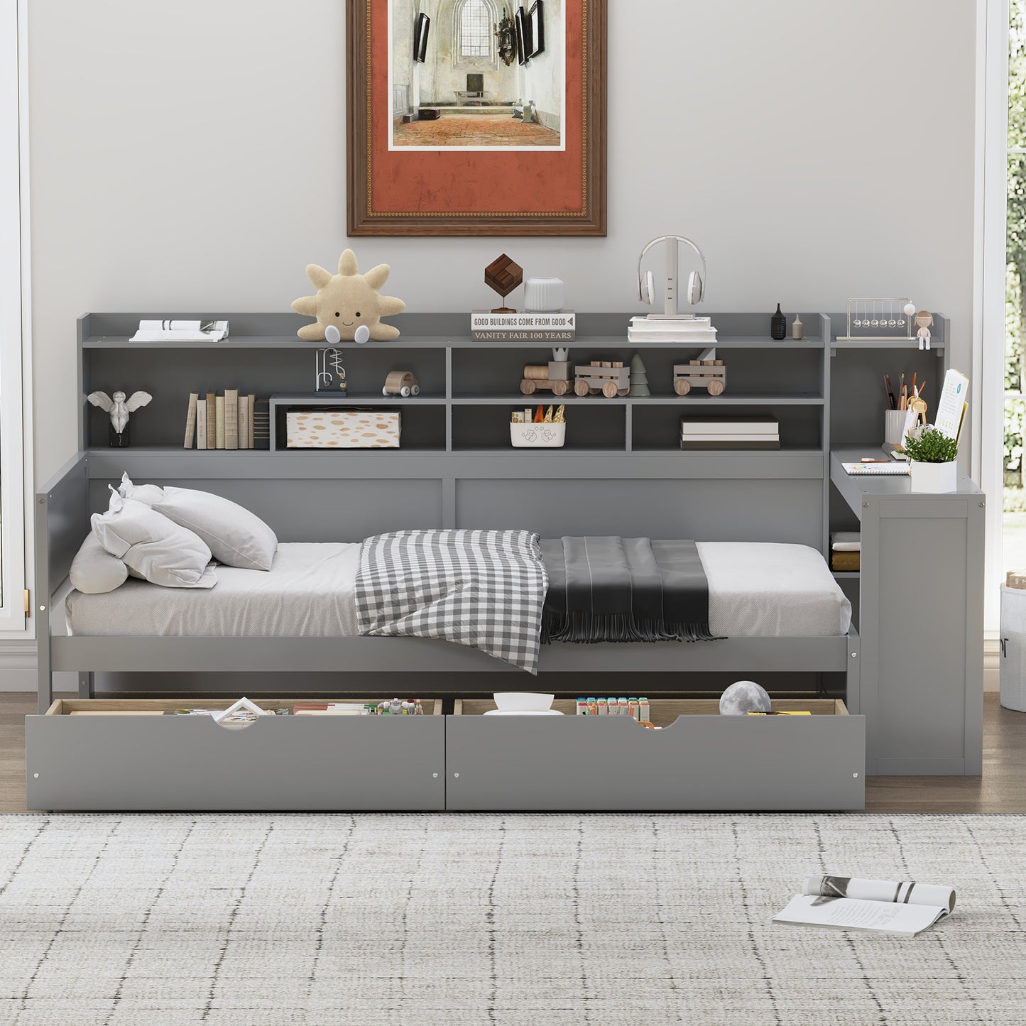 Wooden Twin Size Daybed With Storage Shelves, Multi-functional Bed With Two Storage Drawers And Study Desk, Gray