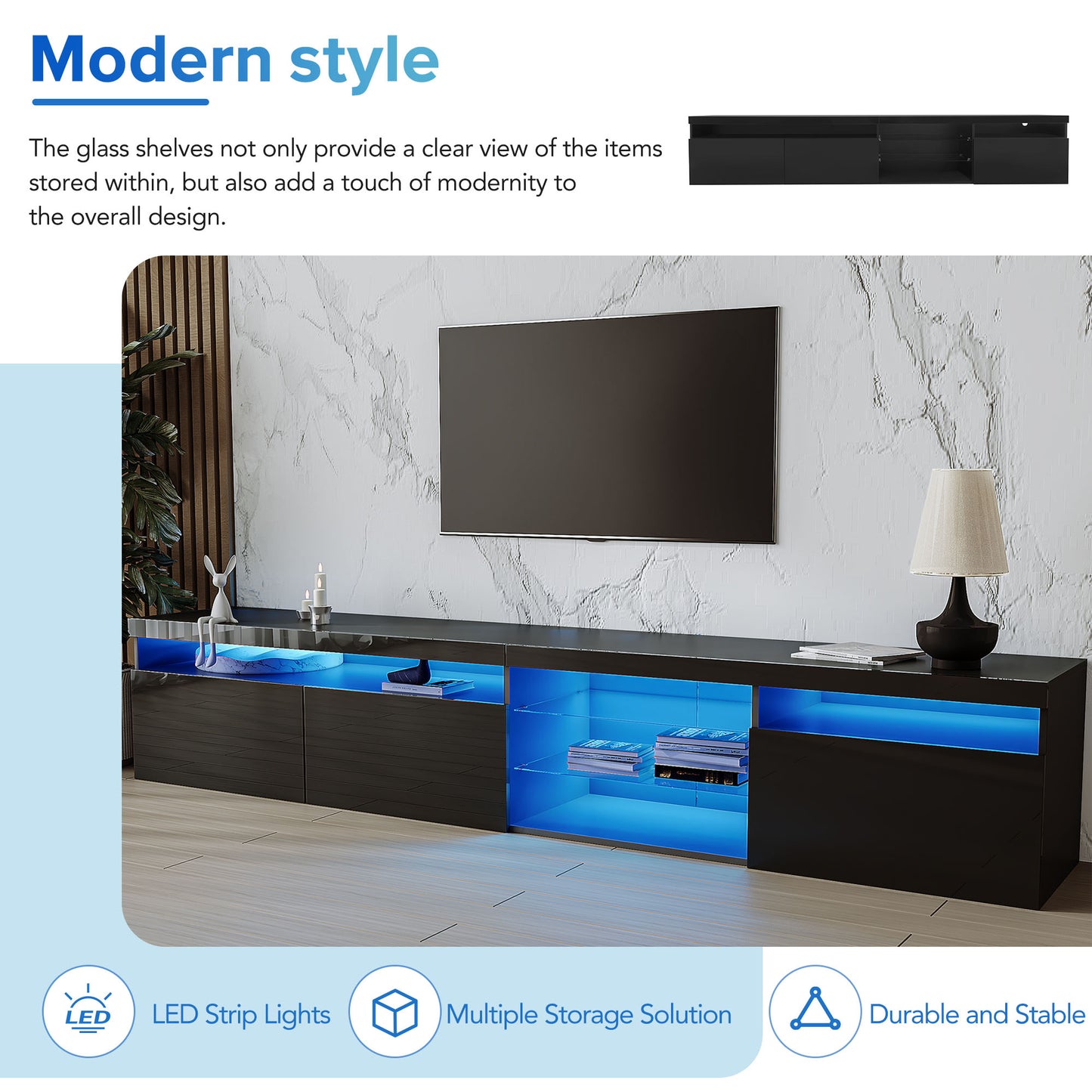 Unique Design TV Stand With 2 Glass Shelves, Ample Storage Space Media Console For TVs Up To 105, Versatile TV Cabinet With LED Color Changing Lights For Living Room, Black