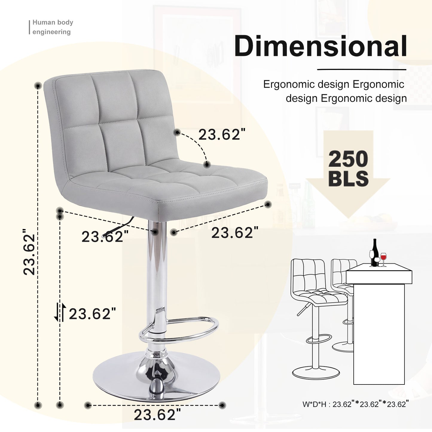 Bar Stools Set Of 2, Counter Height Barstools,Square Seat Cushion Barstool With Back, Height Adjustable PU Leather Swivel Barstool