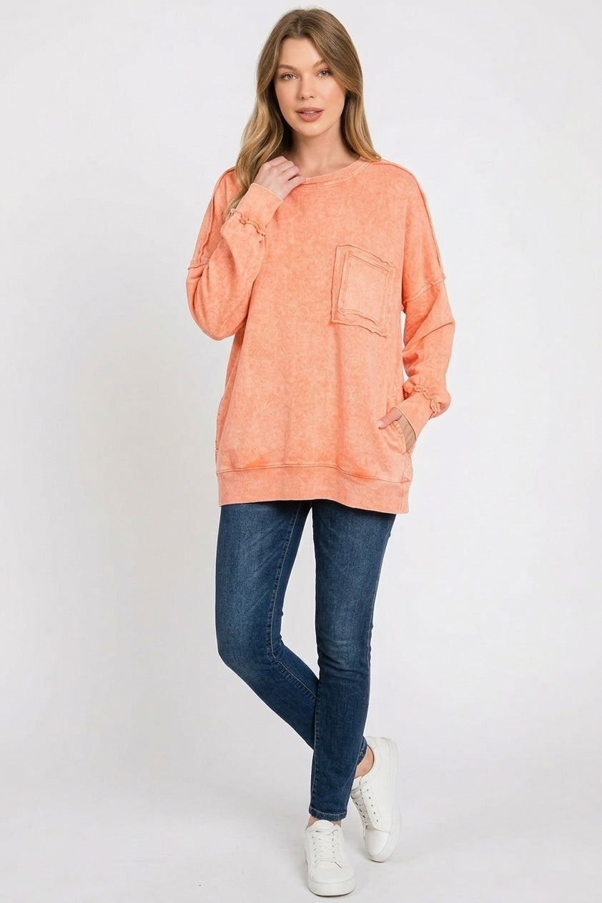 Zenana Halo Washed French Terry Exposed-seam Sweatshirt
