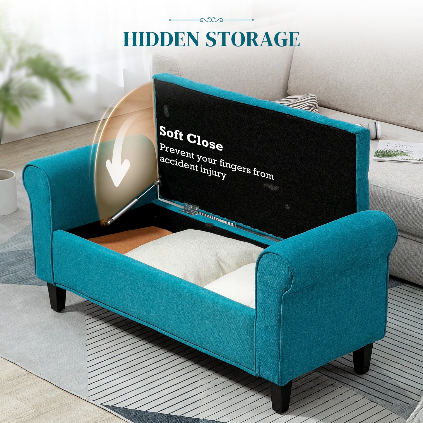 50 Inches Storage Ottoman, End of Bed Bench with Rolled Arms, Wood Legs, Button Tufted Storage Bench, Teal