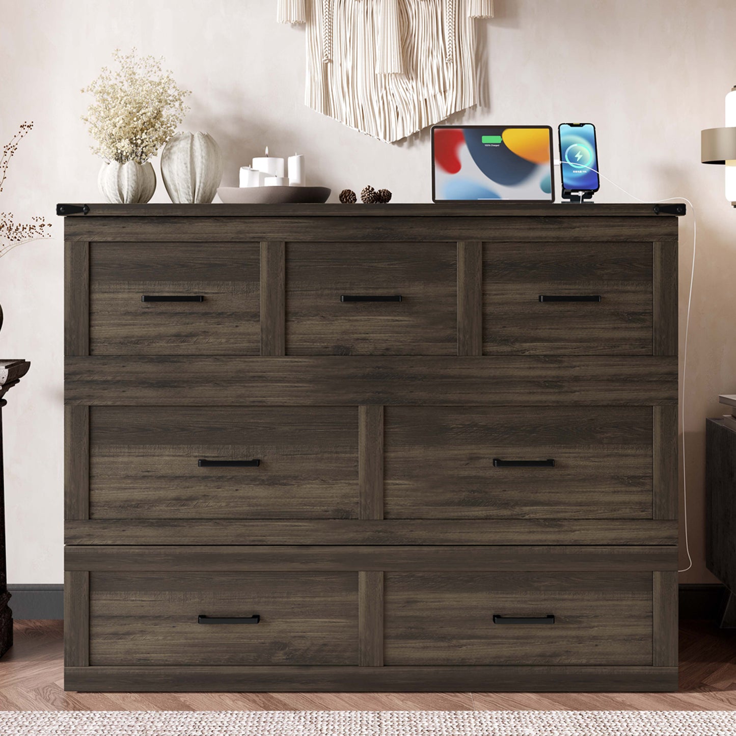 Murphy Bed Cabinet Full Size With Charging Station, Multi-Functional Foldable Platform Bed With 1 Large Storage Drawer For Guest Room, Small Bedroom, Rustic Gray
