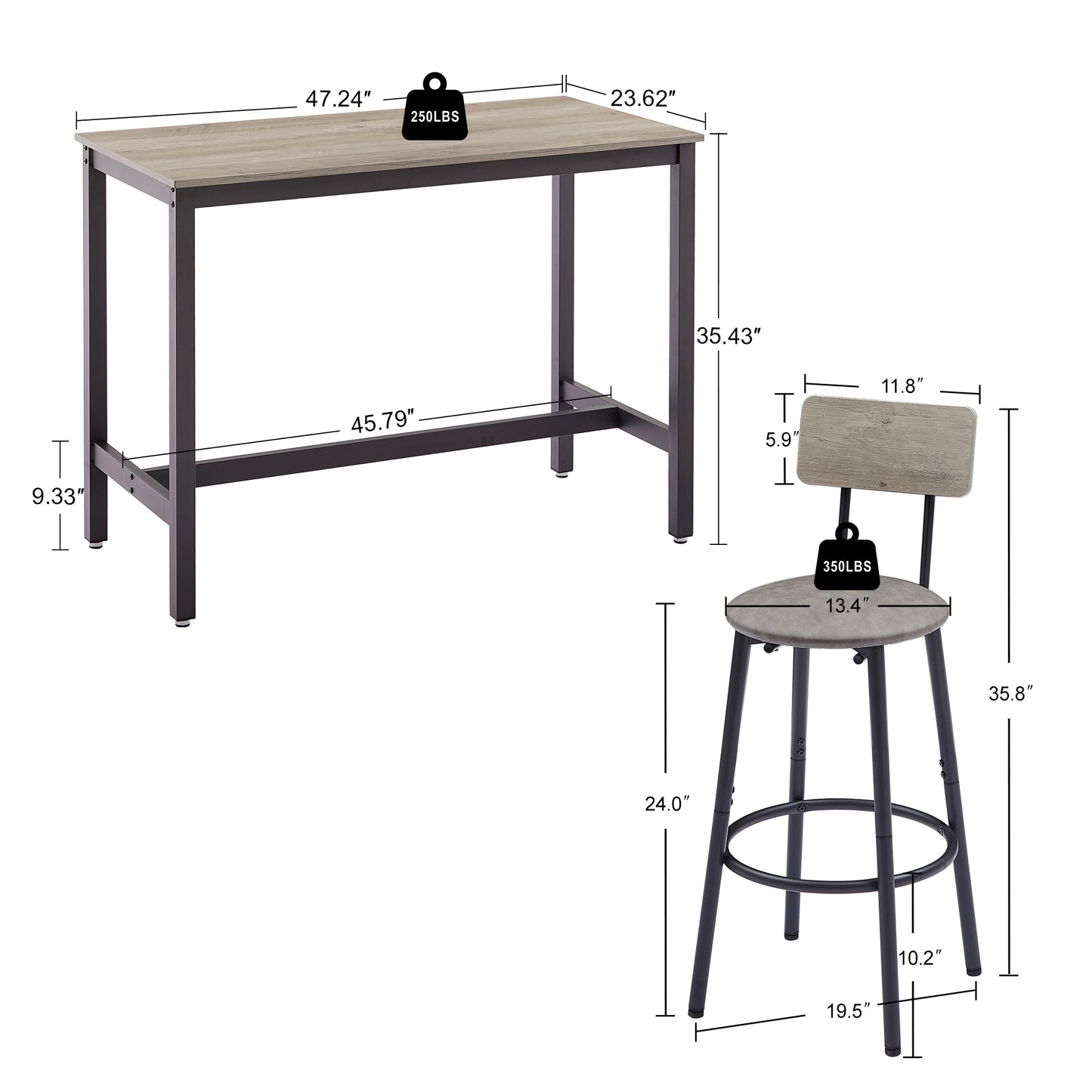 Bar Table Set With 4 Bar Stools PU Soft Seat With Backrest, Grey, 47.24 L X 23.62 W X 35.43 H