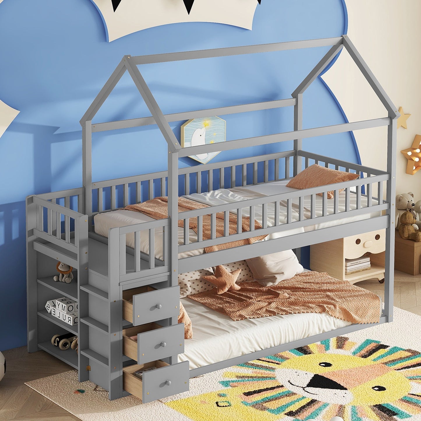 TWIN TWIN HOUSE BUNK BED WITH SHELVES AND DRAWERS FOR GREY COLOR