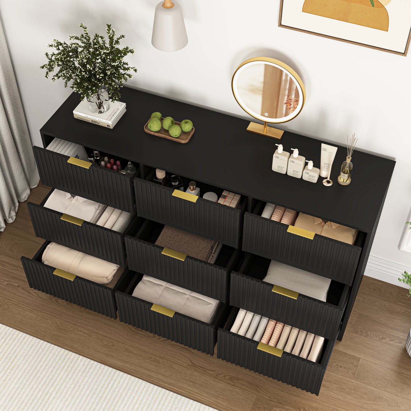 Black 9 Drawer Dresser, 63 Large Deep Chest Of Drawers, Wooden Dresser Storage Cabinet With 9 Drawers For Bedroom, Long Dressers For Living Room, Hallway, Drawer Panel With Wavy Patterns