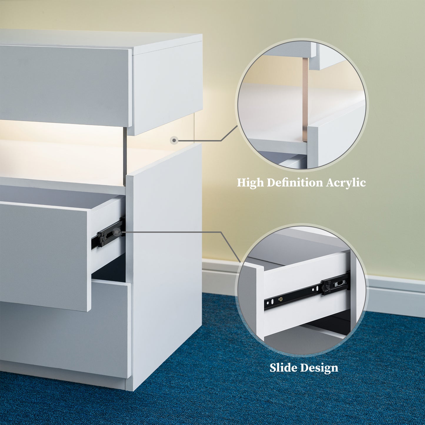 LED Nightstands 3 Drawer Dresser For Bedroom End Table With Acrylic Board LED Bedside Tables For Bedroom Living Room Bedside Furniture White