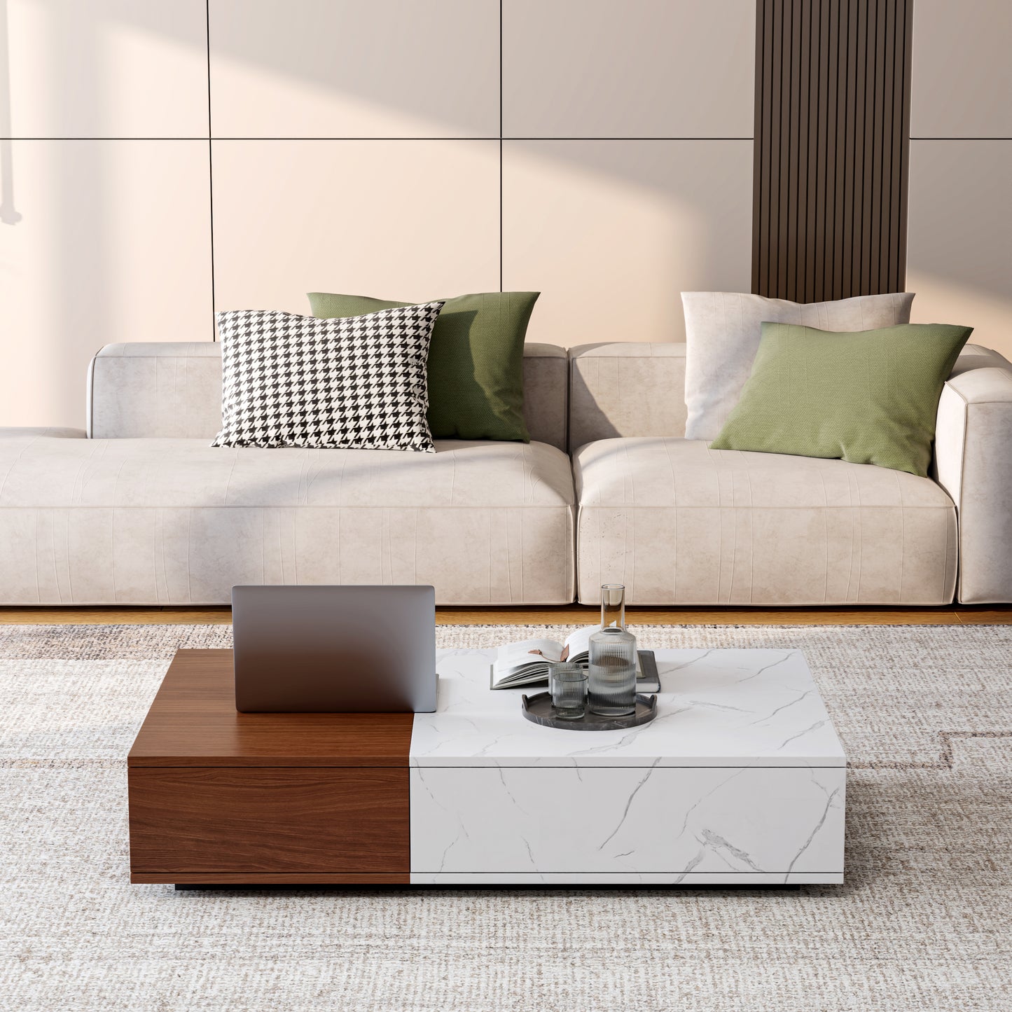 Modern Style Walnut Coffee Table With Two Storage Spaces