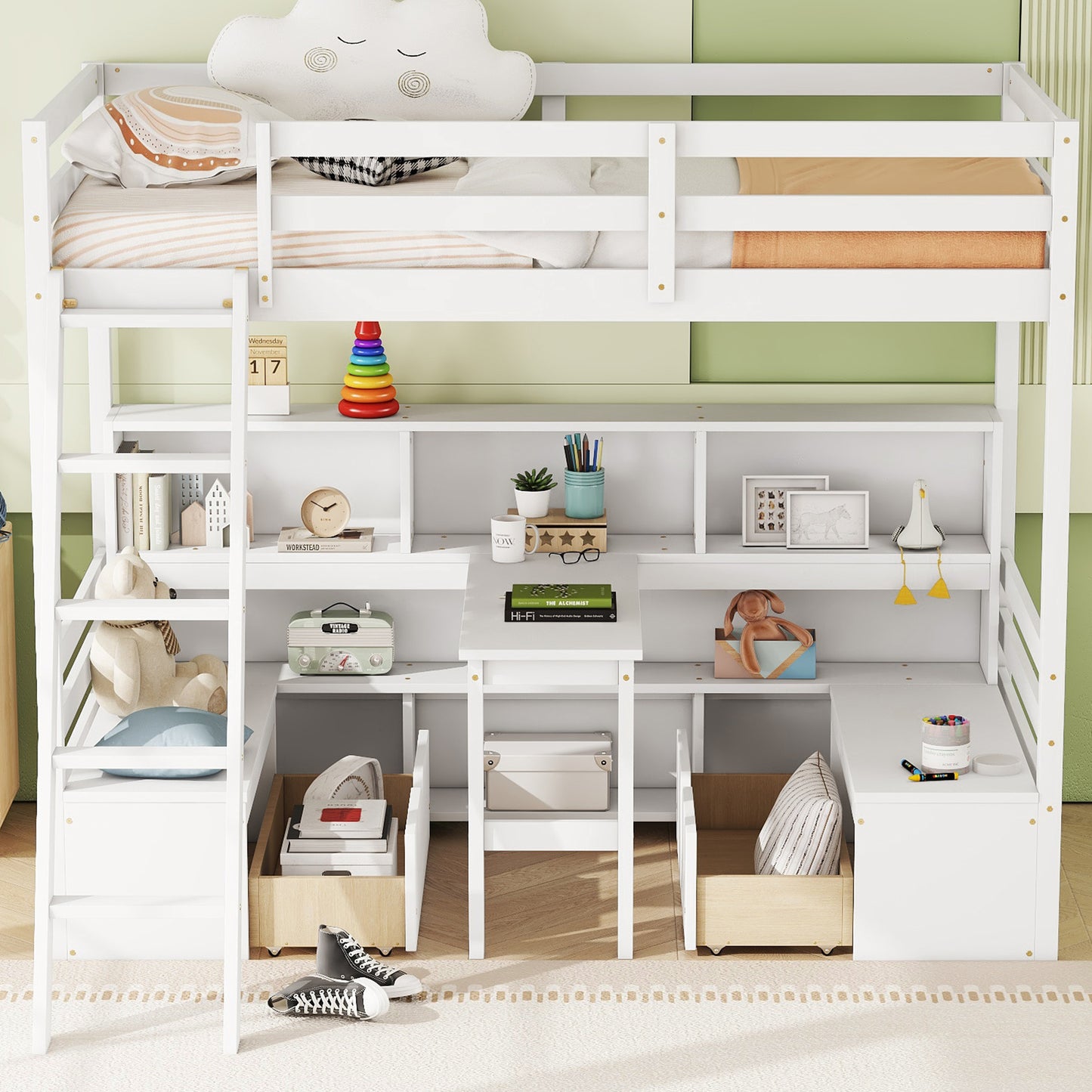Twin Loft Bed With Storage Shelves, Drawers, Seat And Desk For White Color