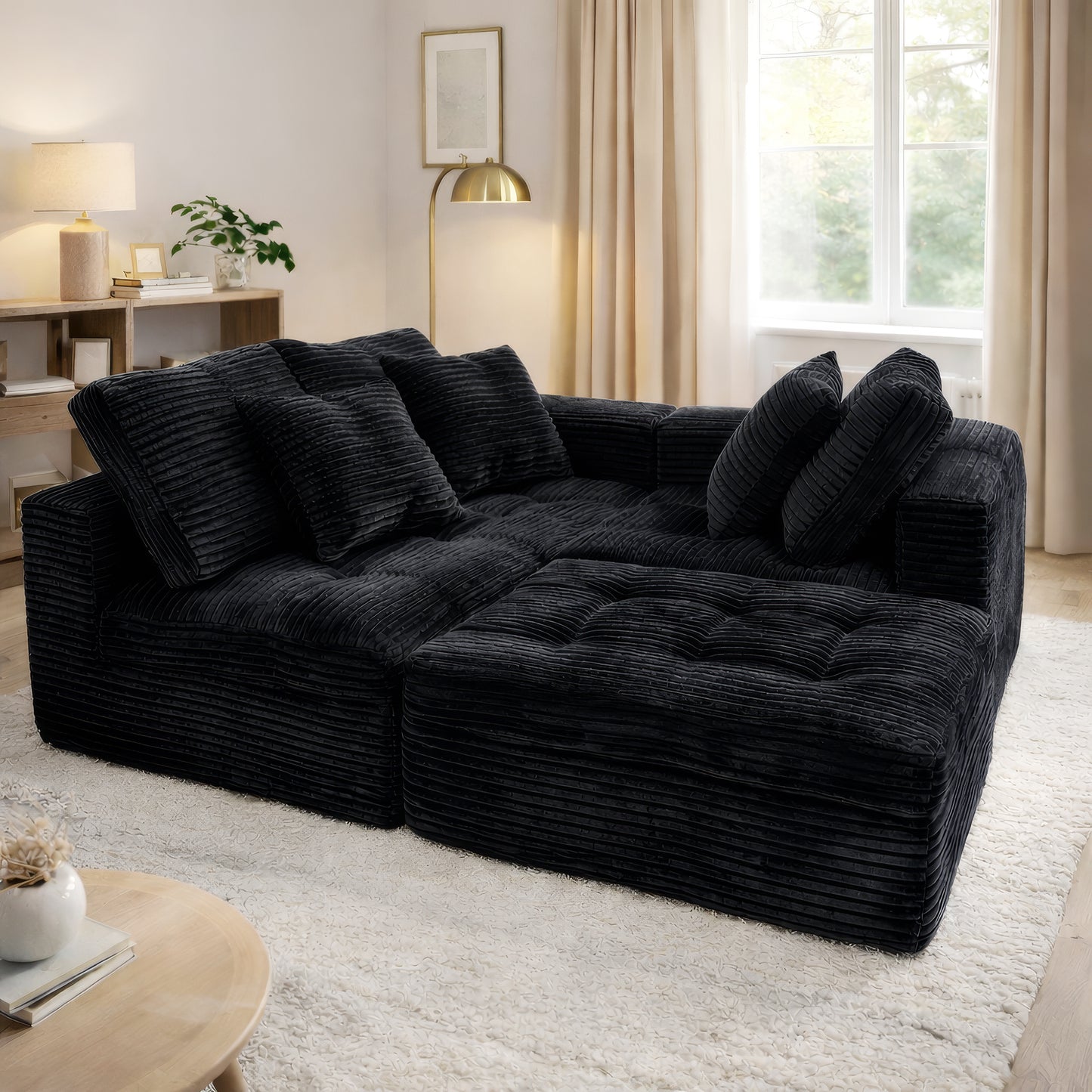 Modular Cloud Sofa Set, 105 DIY Sectional With Ottoman, Pure Foam, Faux Rabbit Fur Velvet, Comfortable Living Room Couch Black