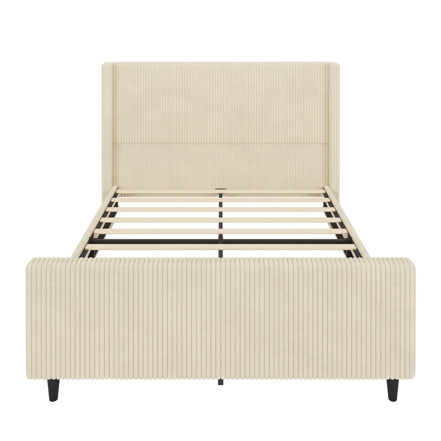 50.7'' High Headboard Corduroy Upholstered Bed Frame With Vertical Stripe Wingback And High Footboard No Box Spring Needed, Queen Size, Cream