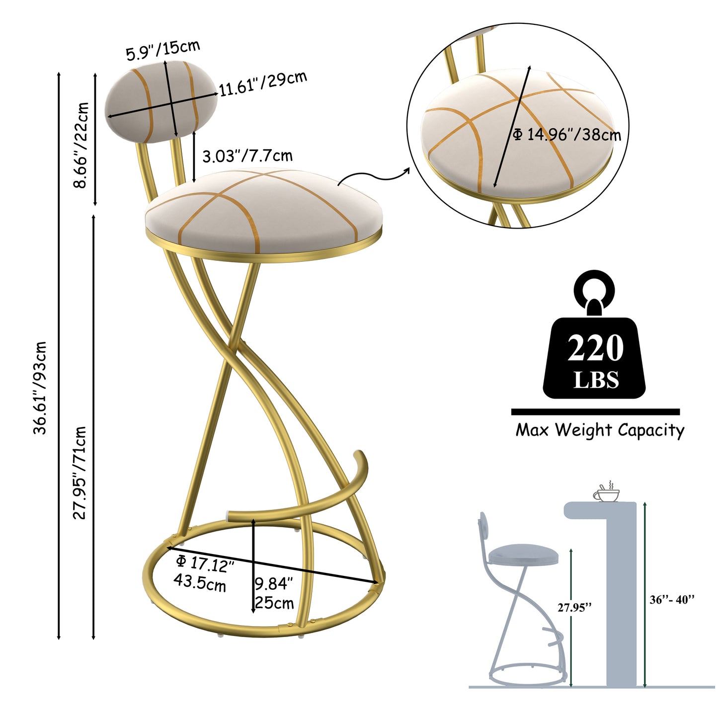 Round Bar Stools S-shaped Stripe Kitchen Stool Set Of 2 Modern Velvet Upholstered Counter Chair For Dining Room Gold Stripe