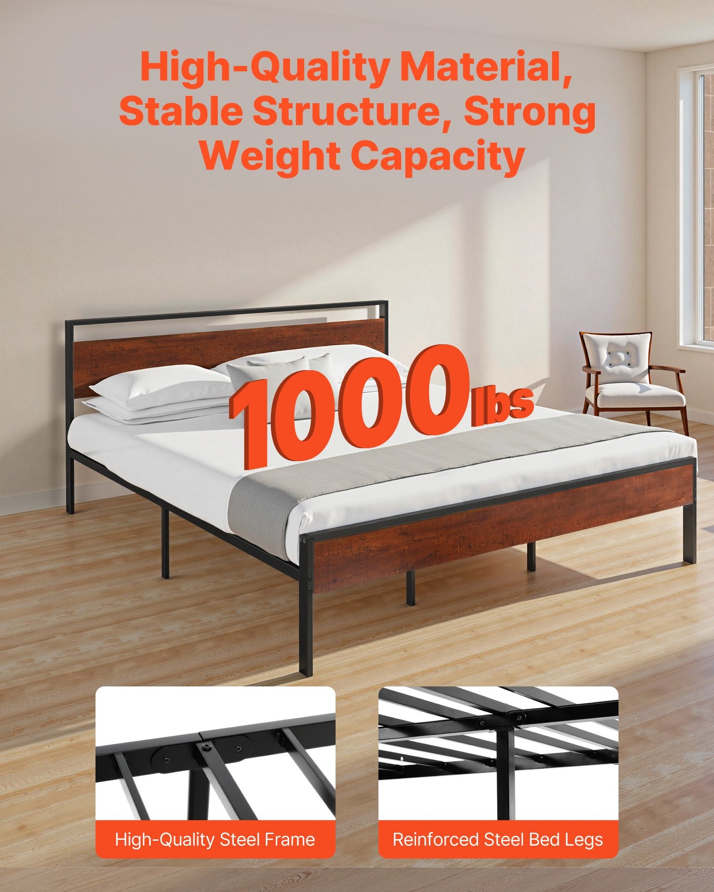 King Size Bed Frame, 14 Inch Black Metal Platform Bed Frame With Retro Brown Wooden Headboard And Footboard, Large Under-Bed Storage, Non-Slip Without Noise, No Box Spring Needed, Easy Assembly