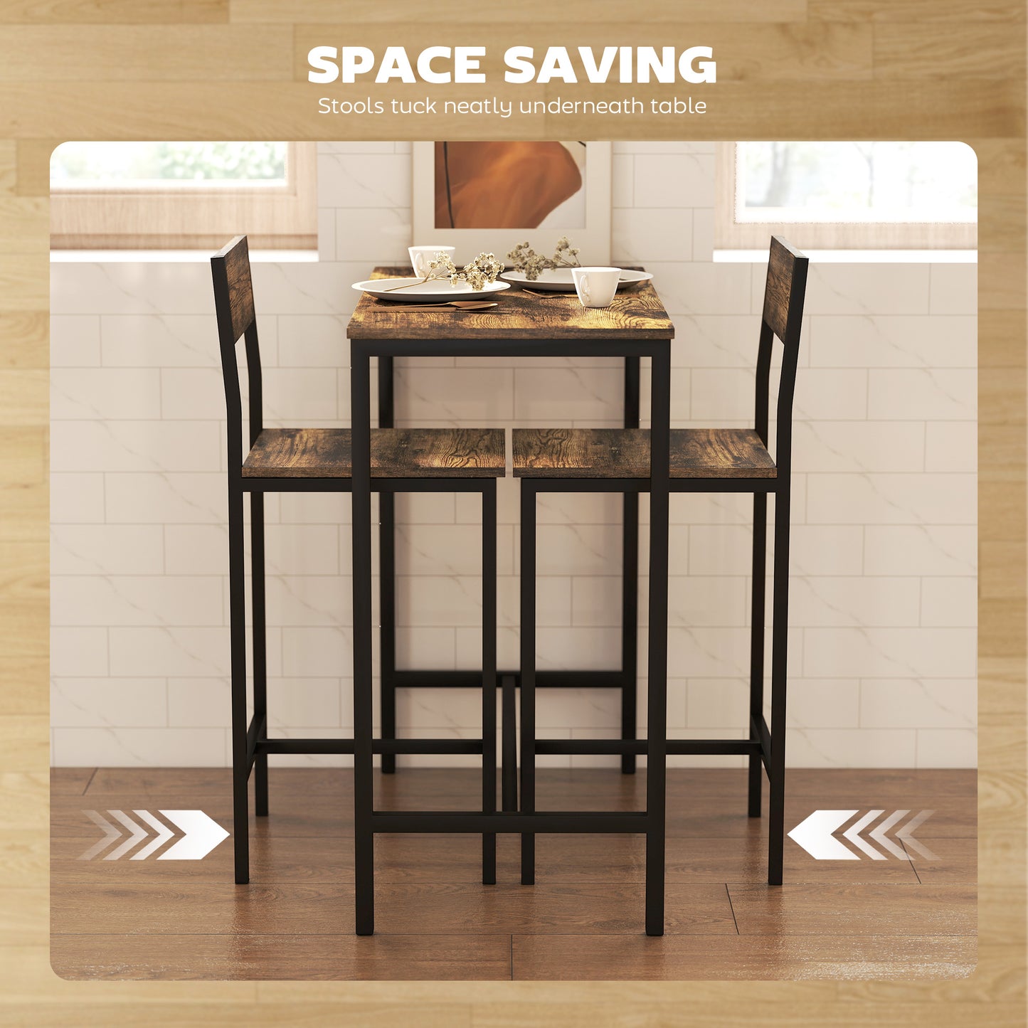 3-Piece Bar Table Set With 2 Stools, Industrial Breakfast Bar Set With Footrest, Backrest For Dining Room, Small Space