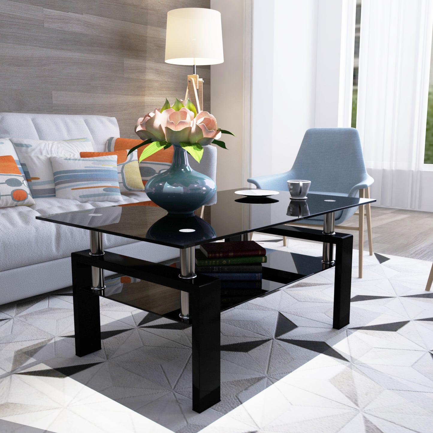 Rectangle Black Glass Coffee Table, Clear Coffee Table,Modern Side Center Tables For Living Room,Living Room Furniture