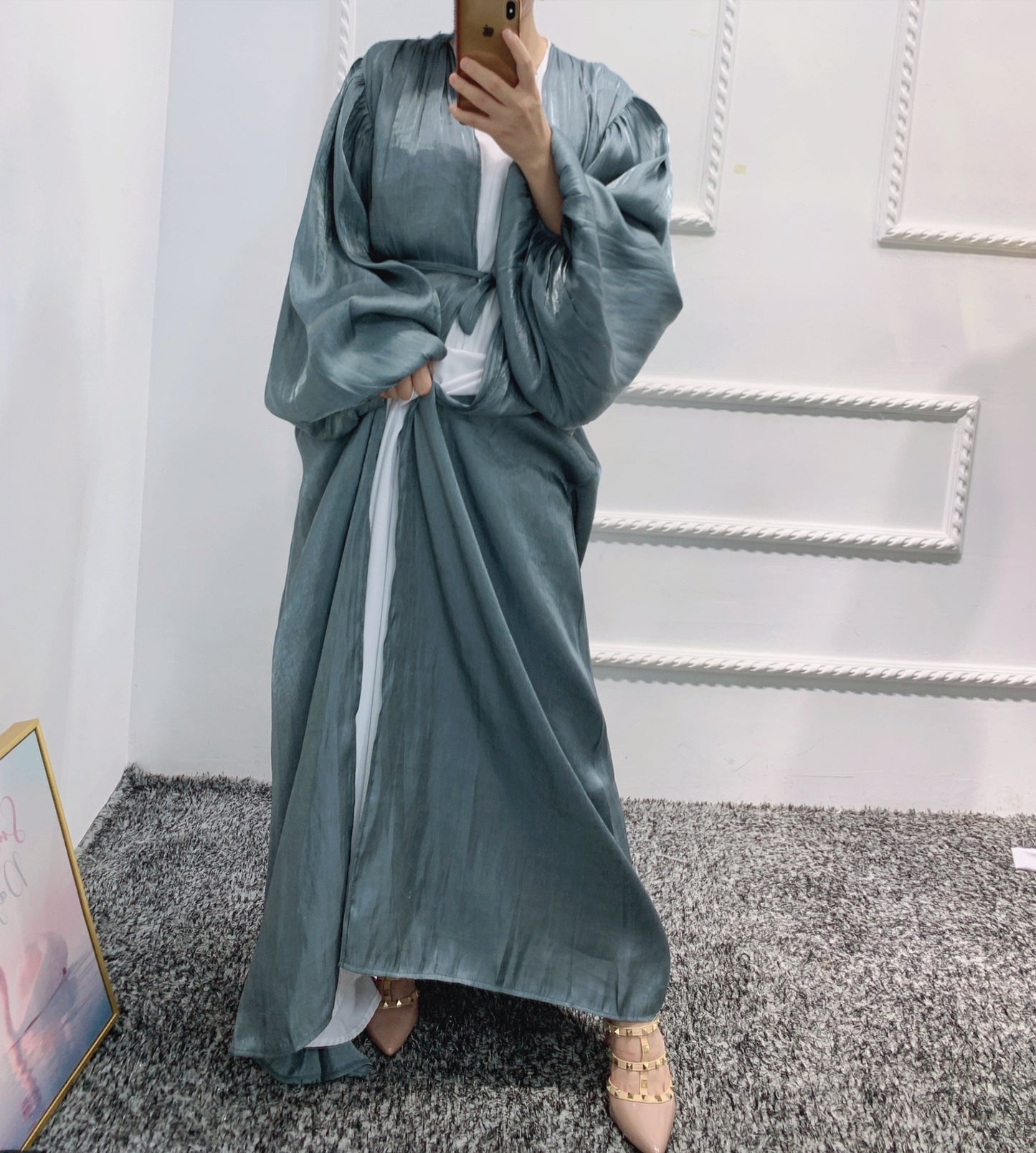Elegant Puff Sleeve Dubai Turkey Abayas For Women Islam Cardigan