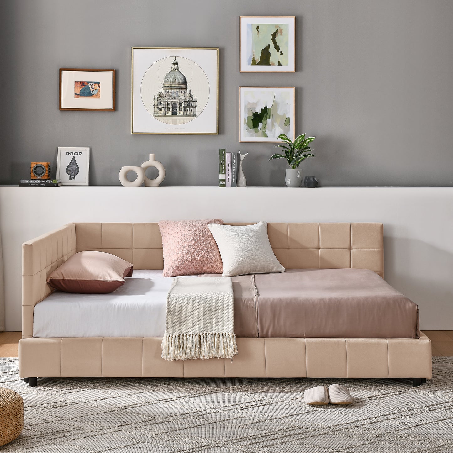 Full Size Upholstered Tufted Bed Frame, Sofa Bed Frame With Comfortable Backrest And Armrests, Full Size Bed For Bedroom, Living Room,Velvet, PINK 80.5x59x30.5