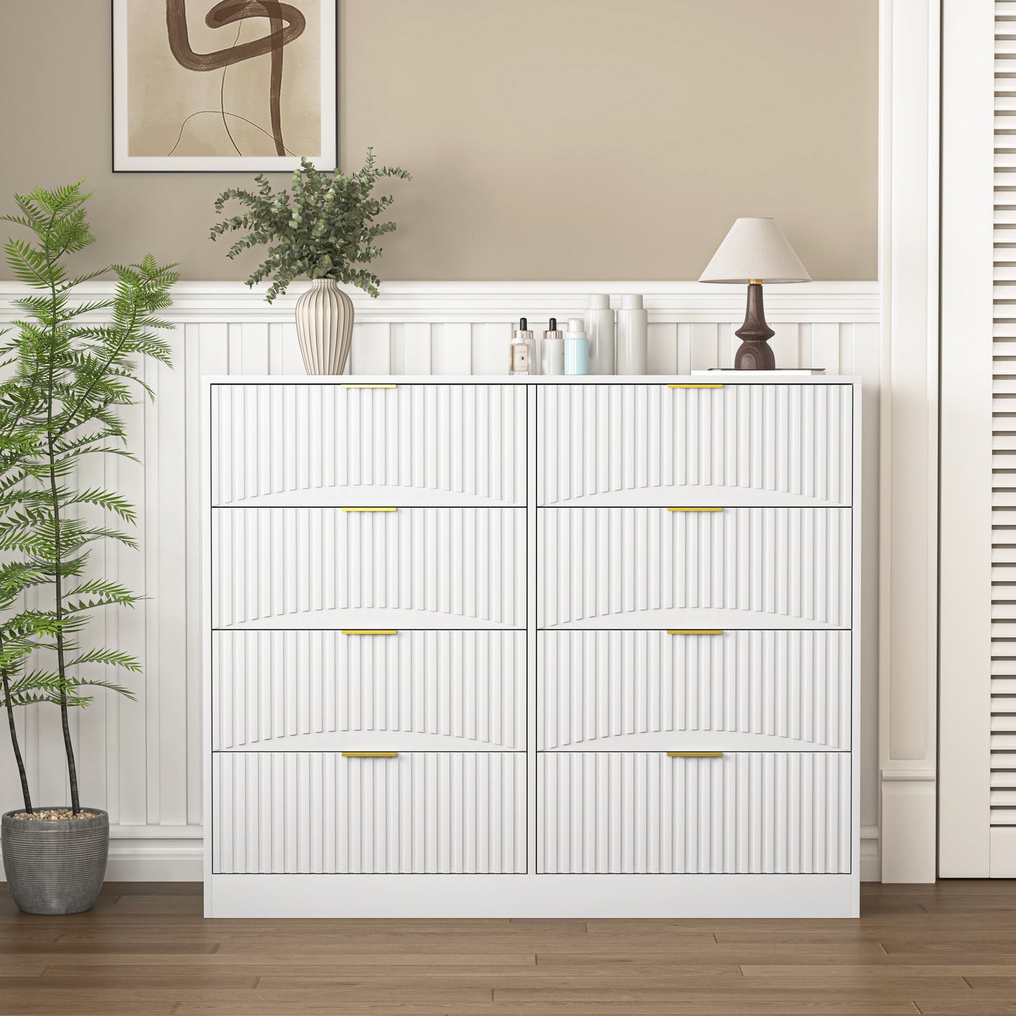Modern 8 Drawers Dresser Chests For Bedroom,47.2 Wide Wood Chest Of Drawers With Gold Metal Handle,Drawer Organizer For Bedroom,Living Room,Hallway And Entryway,White