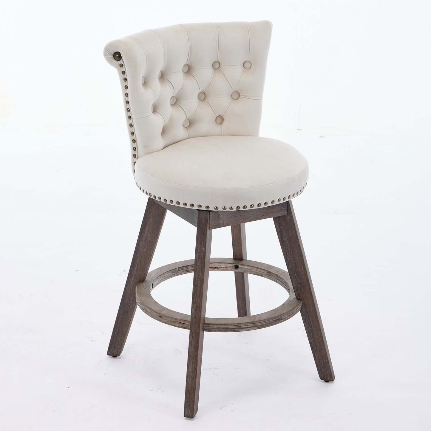 26 Counter Height Bar Stools Set Of 2, 360 Swivel Stools With Back Hand - Tufted Button - Trimmed Edges, Upholstered Velvet Kitchen Counter Stools On Wood Legs,Beige,SW1868BG