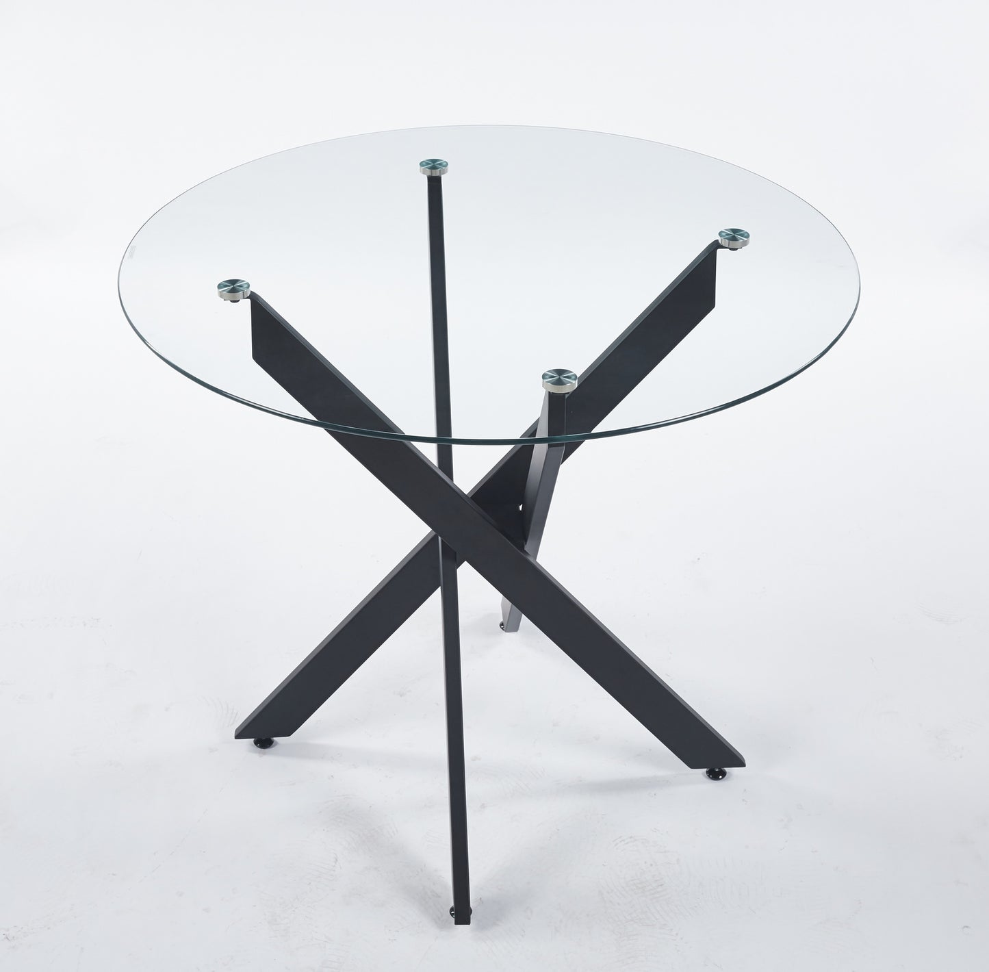 Black Dining Table With Cross Metal Leg And Tempered Glass,Modern Space Saving Kitchen Table For Living Room