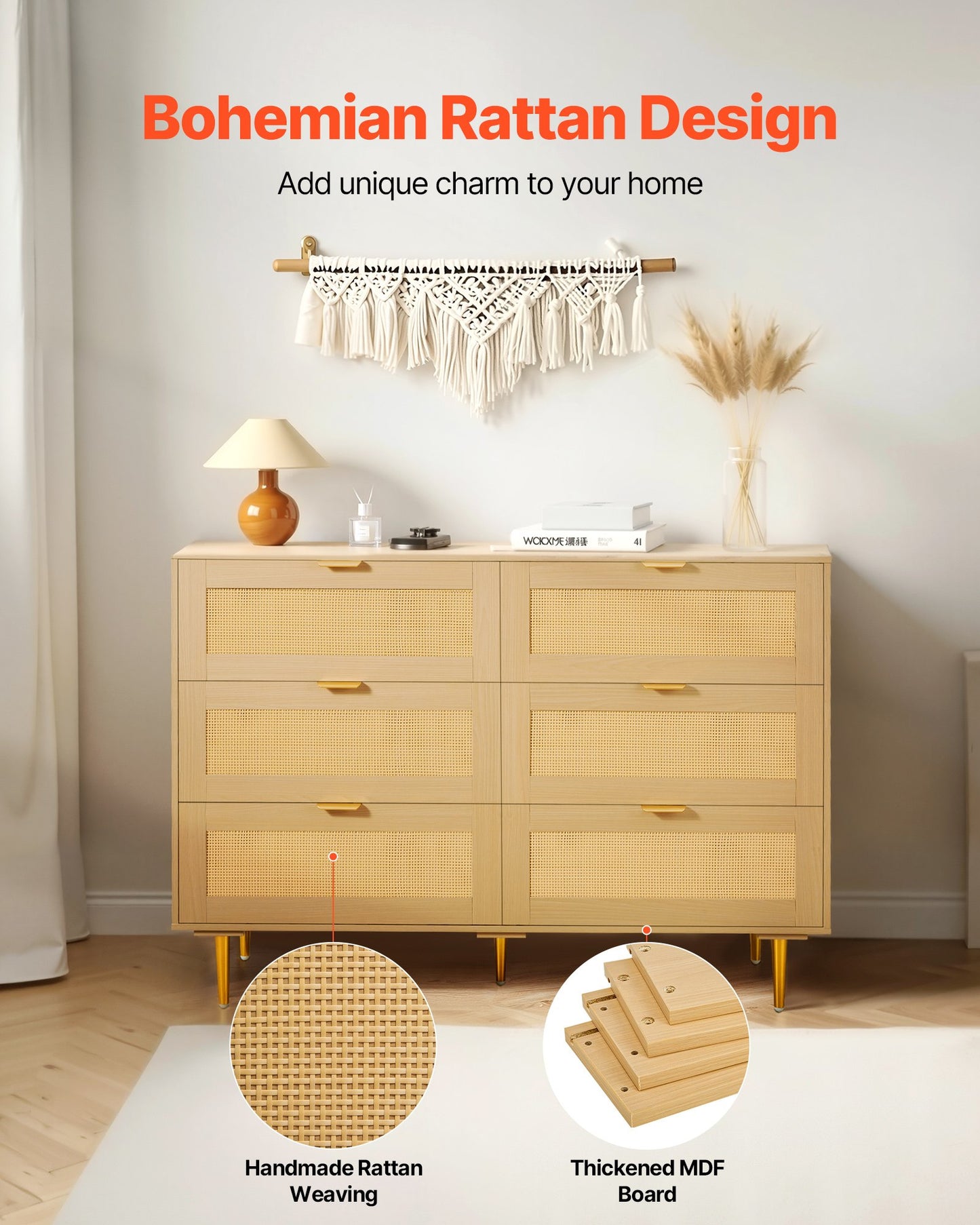 6 Drawer Rattan Dresser, Double Dresser For Bedroom, Natural Rattan Chest Of Drawers With Metal Handles & Legs, Modern Wood Chest Clothing Organizer & Storage For Bedroom, Living Room, Hallway