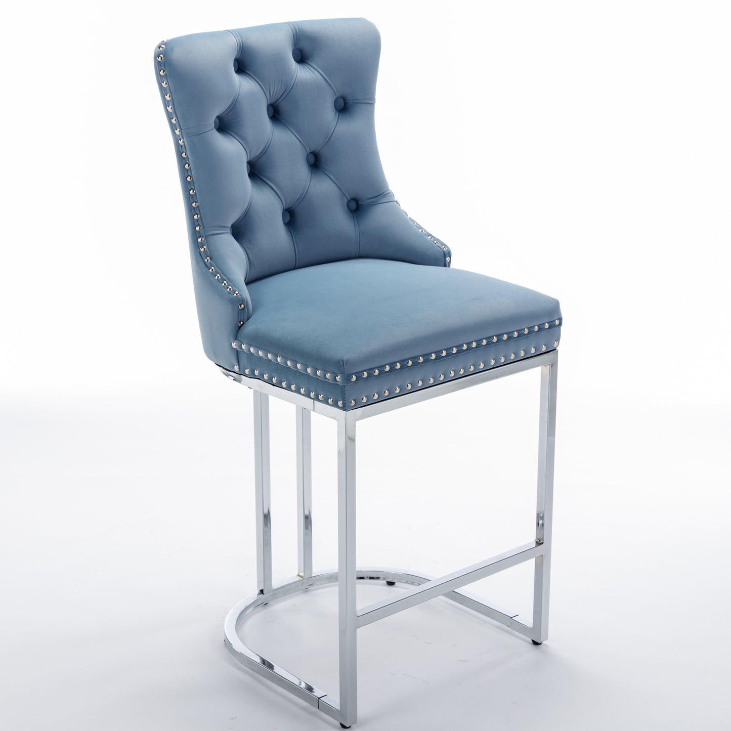 26 Counter Height Bar Stools Set Of 2, Modern Velvet Barstools With Button Back&Rivet Trim Upholstered Kitchen Island Chairs With Sturdy Chromed Metal Base Legs Farmhouse Bar Stools,Light Blue,2 Pack