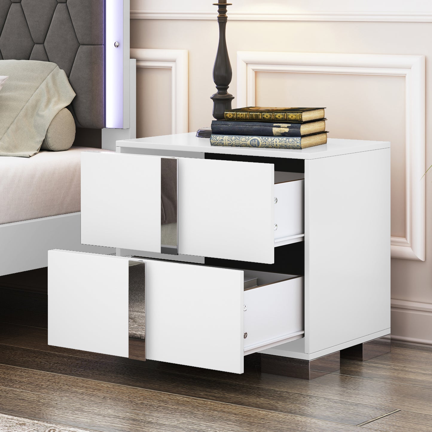 Elegant Nightstand With Metal Foot, Mirrored Bedside Table With 2 Drawers For Bedroom, Living Room, White