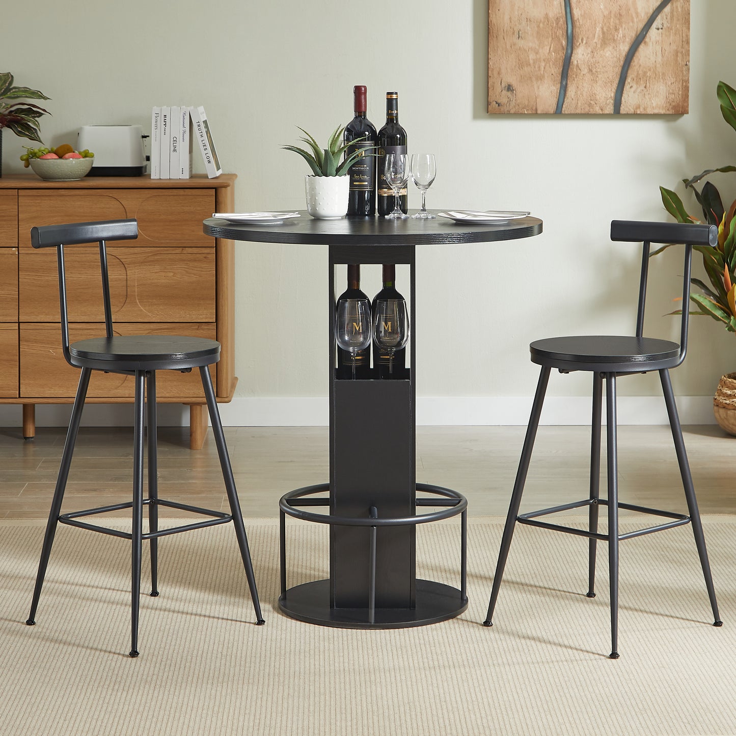 3-Piece Bar Table And Stool Set 31.5-inch Round Bar Table With Two Stools Compact Wooden Dining Bar With Metal Ring Footrest Ideal For Restaurants, Cafes, Bars, Living Rooms, And Small Spaces,Black