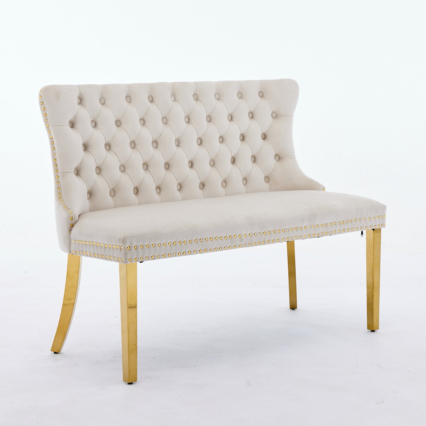 Velvet Double Dining Loveseat Bench, Kitchen & Dining Seating, 2-Seat Tufted Bench W Handmade Buttons, Wing Back, Gold-Plated Steel Legs, Mid Century Modern,Single Pack,Beige