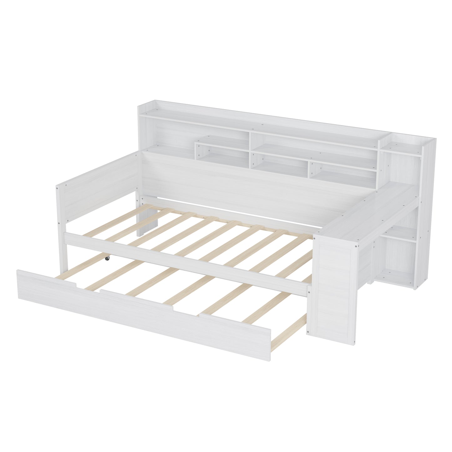 Wooden Twin Size Daybed With Storage Shelves, Multi-functional Bed With Twin Size Trundle Bed And Study Desk, Antique White
