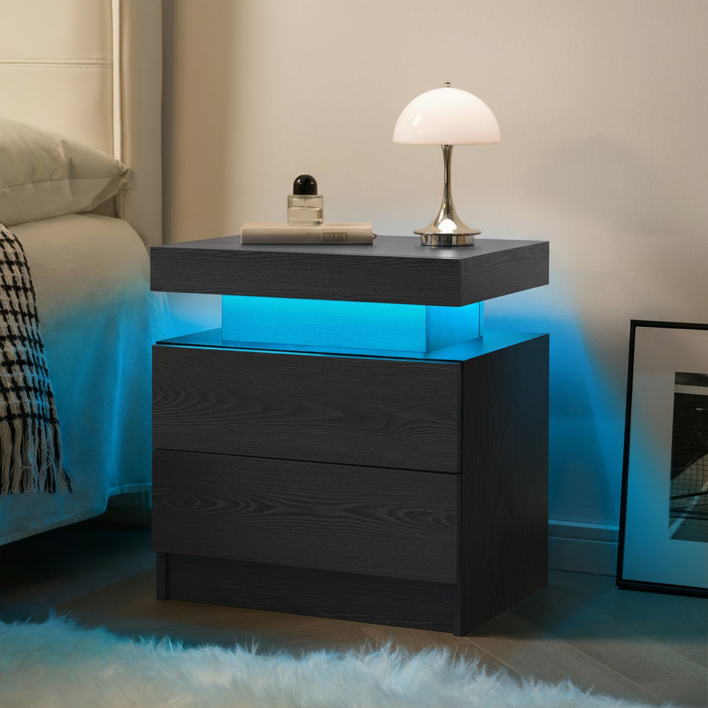 Nightstand LED Bedside Table Cabinet Lights Modern End Side With 2 Drawers For Bedroom Black Woodgrain