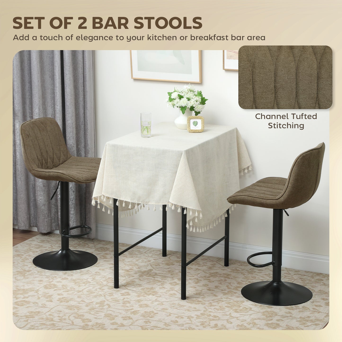 Set Of Two Linen-Look Bar Stools - Brown