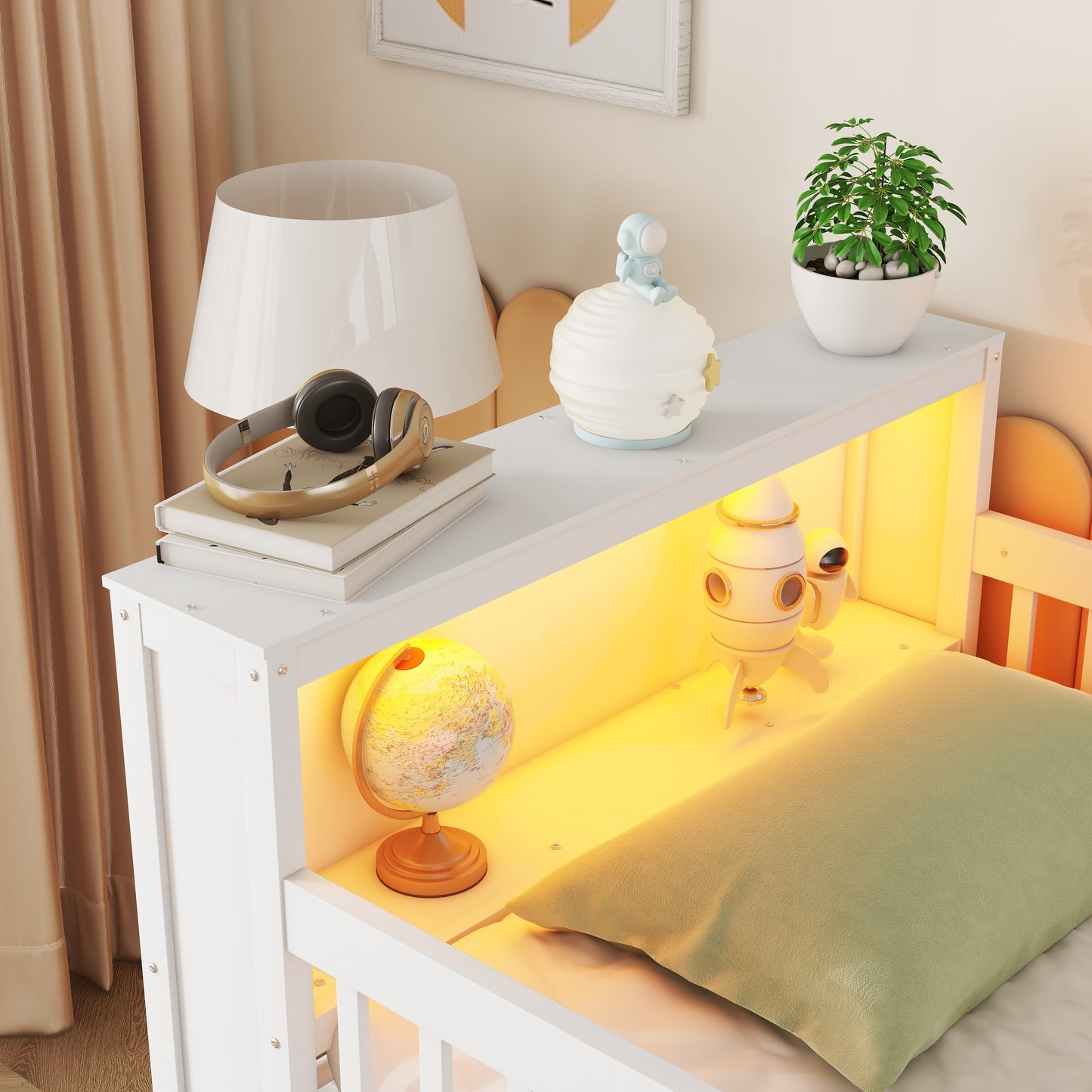 Twin Size Loft Bed With LED And Bookshelf, Wood Low Loft Bed With Stairs, Kids Twin Loft Bed With Storage Drawers And Shelves,White Expect Arrival Date 2025 1 20