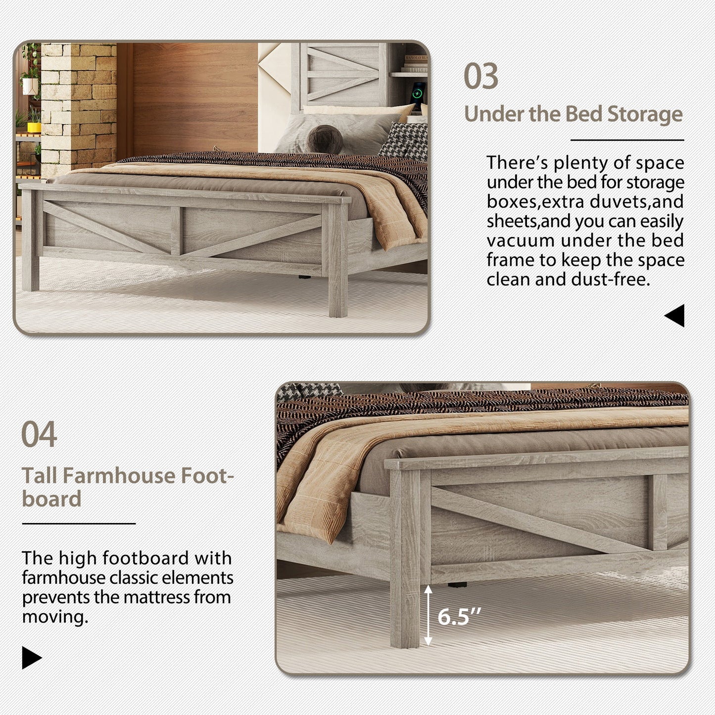 3-Pieces Bedroom Sets Queen Size Farmhouse Platform Bed With Double Sliding Door Storage Headboard And Charging Station, Storage Nightstand And Dresser, Antique Gray