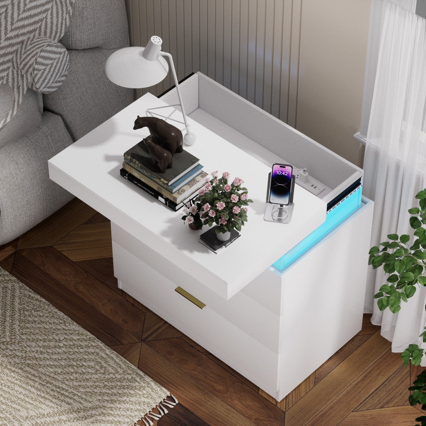 Nightstand With Charging Station And LED Lights,Night Stand With Sliding Top For Bedroom,Bedside Table With Drawers,Modern End Side Table,White.28.8 W X 17 D X 30.5 H.