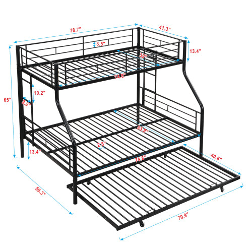 Twin Over Full With Trundle Metal Bunk Bed , No Box Spring Needed, Easy Assemble