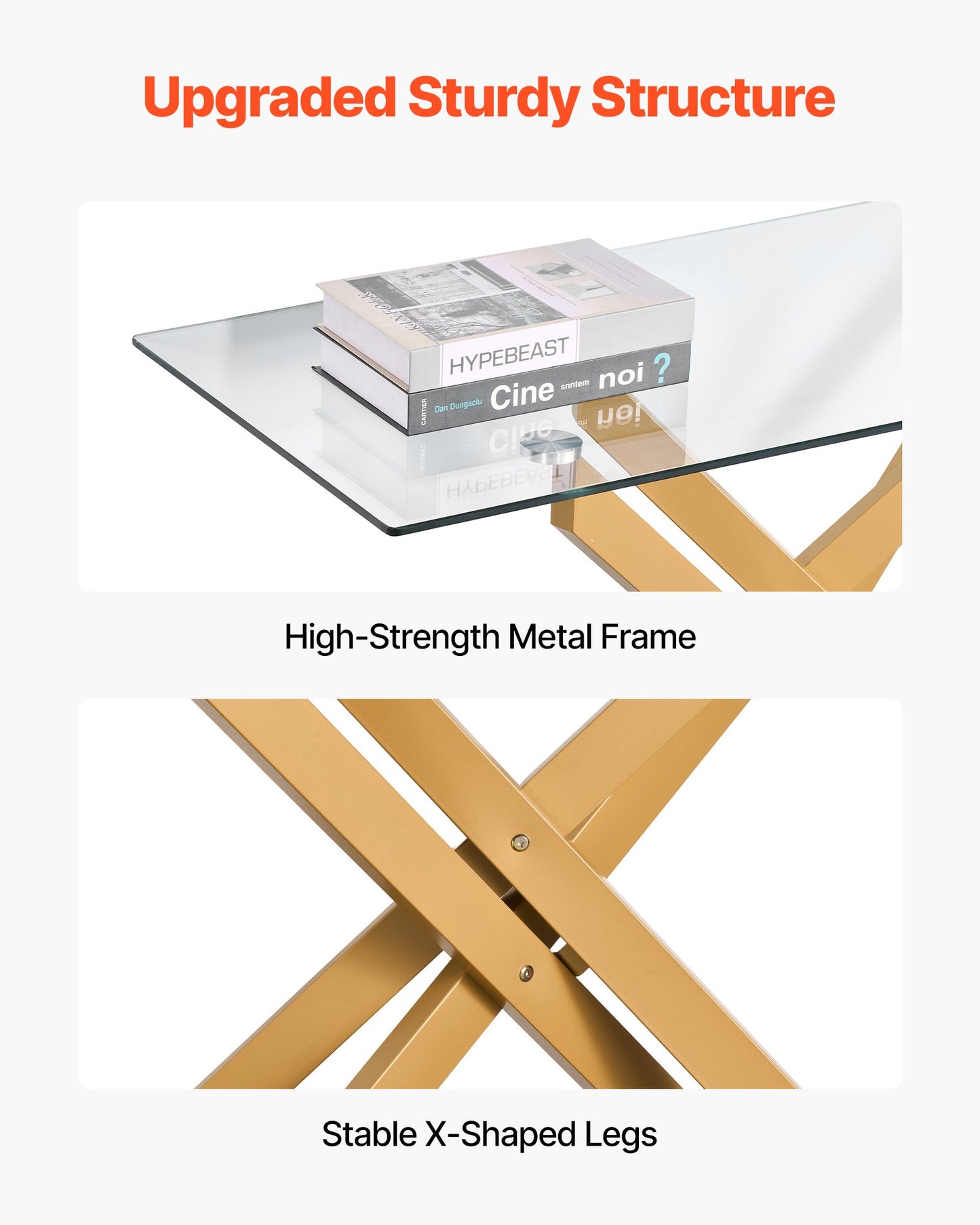 Glass Coffee Table, Modern Rectangle Sofa Side Table With Tempered Glass Top & Iron Cross-Legs, Golden Geometric Consloe Desk With Adjustable Anti-slip Foot Pads For Living Room, Entryway, Foyer