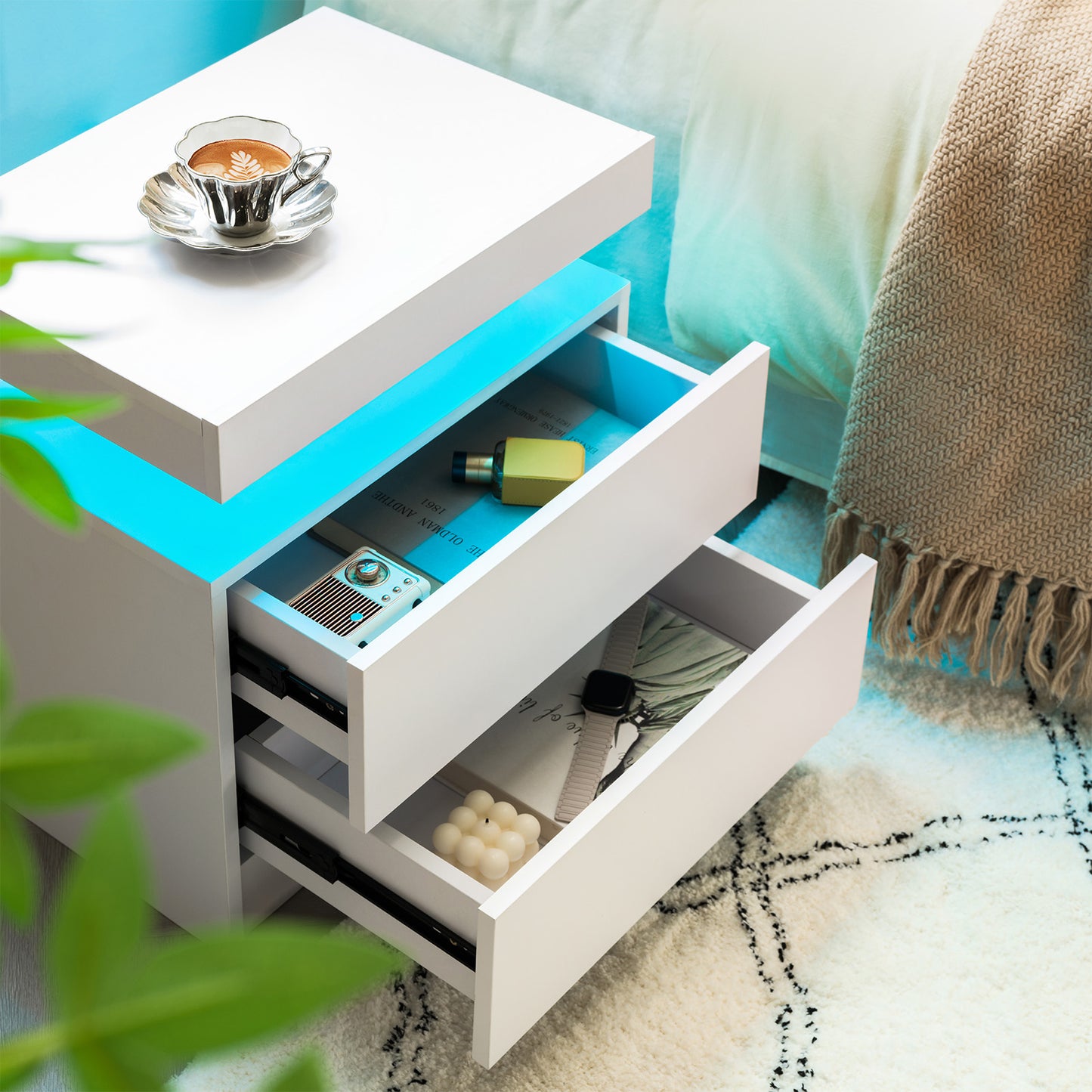 Nightstand LED Bedside Table Cabinet Lights Modern End Side With 2 Drawers For Bedroom White