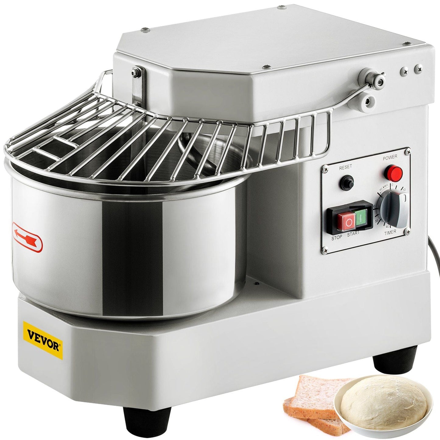 Commercial Food Mixer, 8.5Qt Capacity, 450W Dual Rotating Dough Kneading Machine with Food-grade Stainless Steel Bowl, Security Shield & Timer Included, Baking Equipment for Restaurant Pizzeria