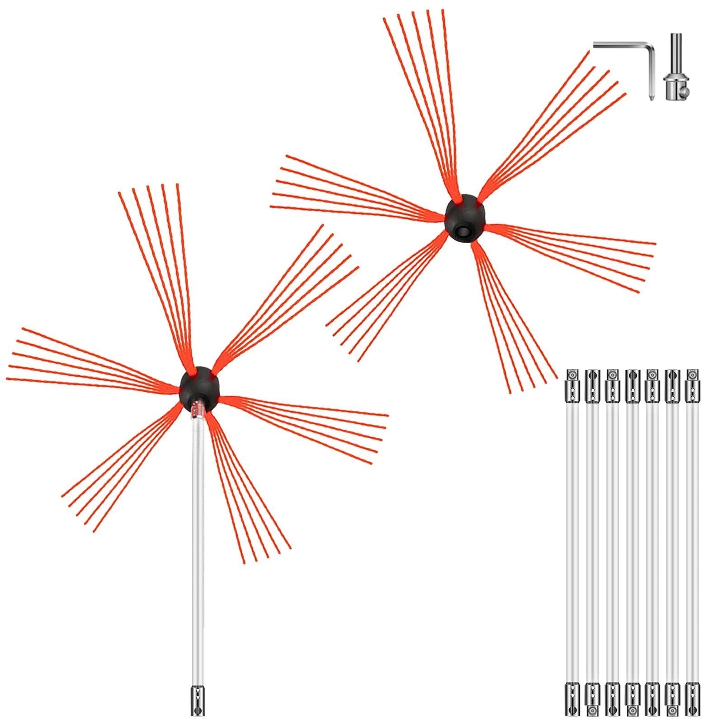 Chimney Sweep Kit 26FT Length, Chimney Brush Kit with 8 Nylon Flexible Rods and 2 Brush Head, Rotary Chimney Cleaning Kit Driven by Drill, Chimney Cleaning Tool Kits for Sweeping Fireplace