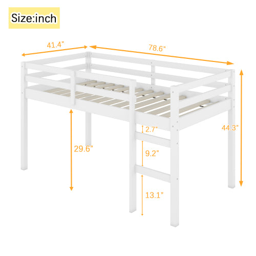 Solid Wooden, Rubber Wooden Twin Loft Bed With Ladder, Bed Platform Of Strengthened Slats , White