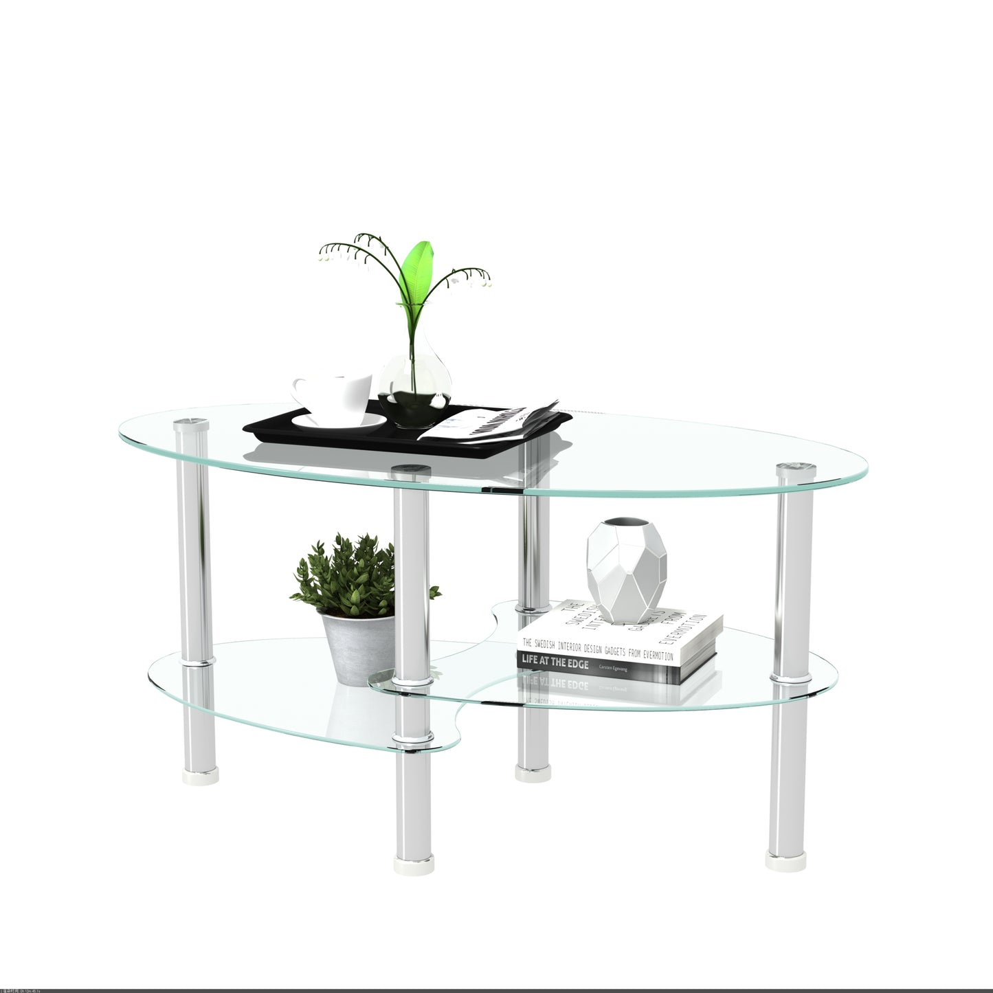 Transparent Oval Glass Coffee Table, Modern Table With Stainless Steel Leg, Tea Table 3-layer Glass Table For Living Room