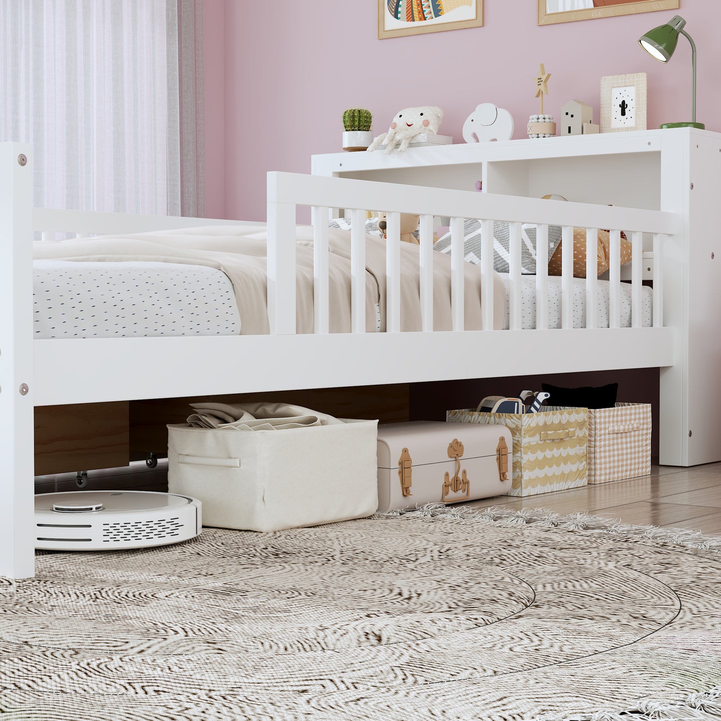 Twin Size Bed With Headboard Storage Rack, Two Under-Bed Drawers, Three-Side Guardrails For Safety And Security,White