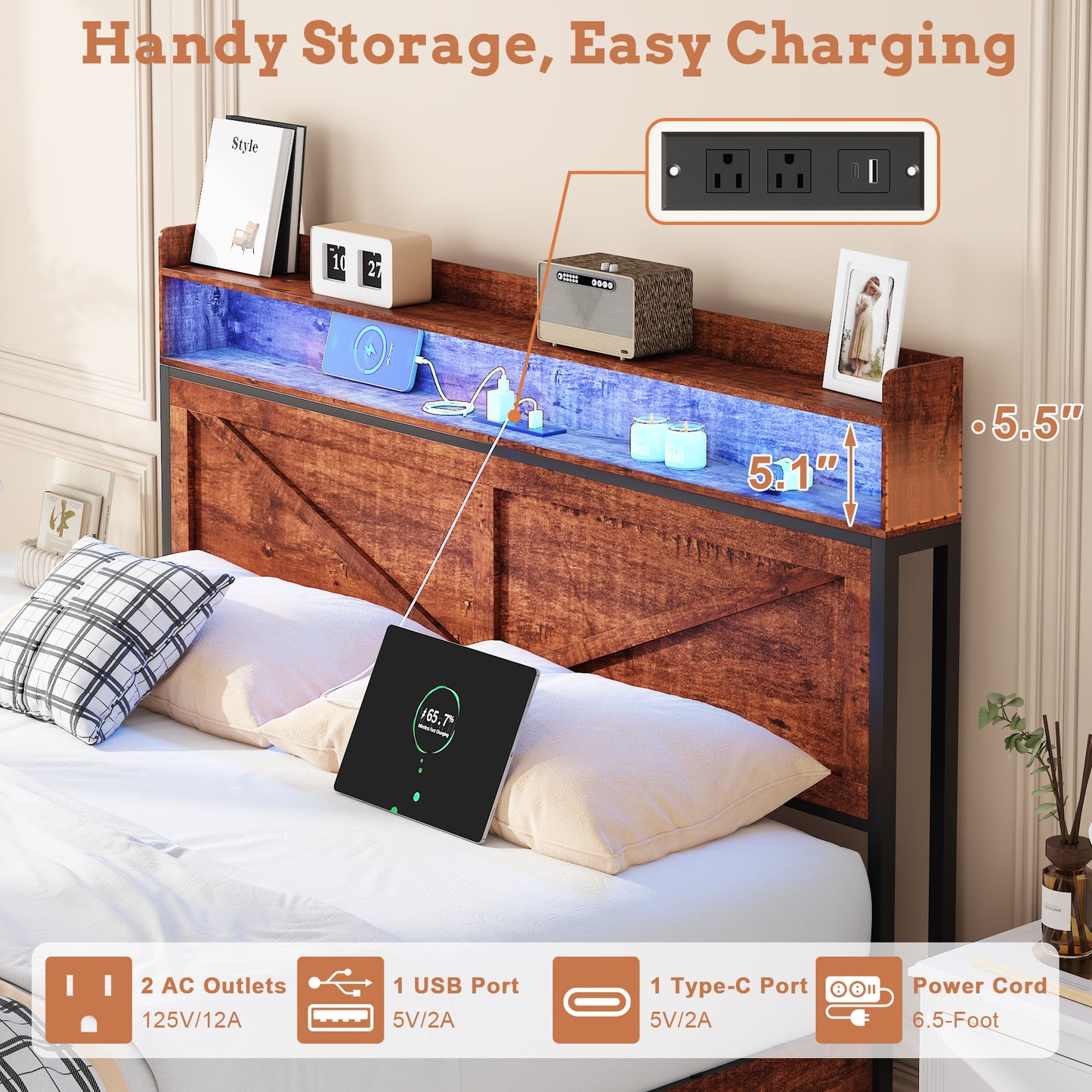 Queen-size Bed Frame With Storage Headboard, Footboard Storage Compartments And LED Lighting, Equipped With Anti-slip & Noise-free Mattress-support Metal Platform And Robust Metal Slat Support, Brown