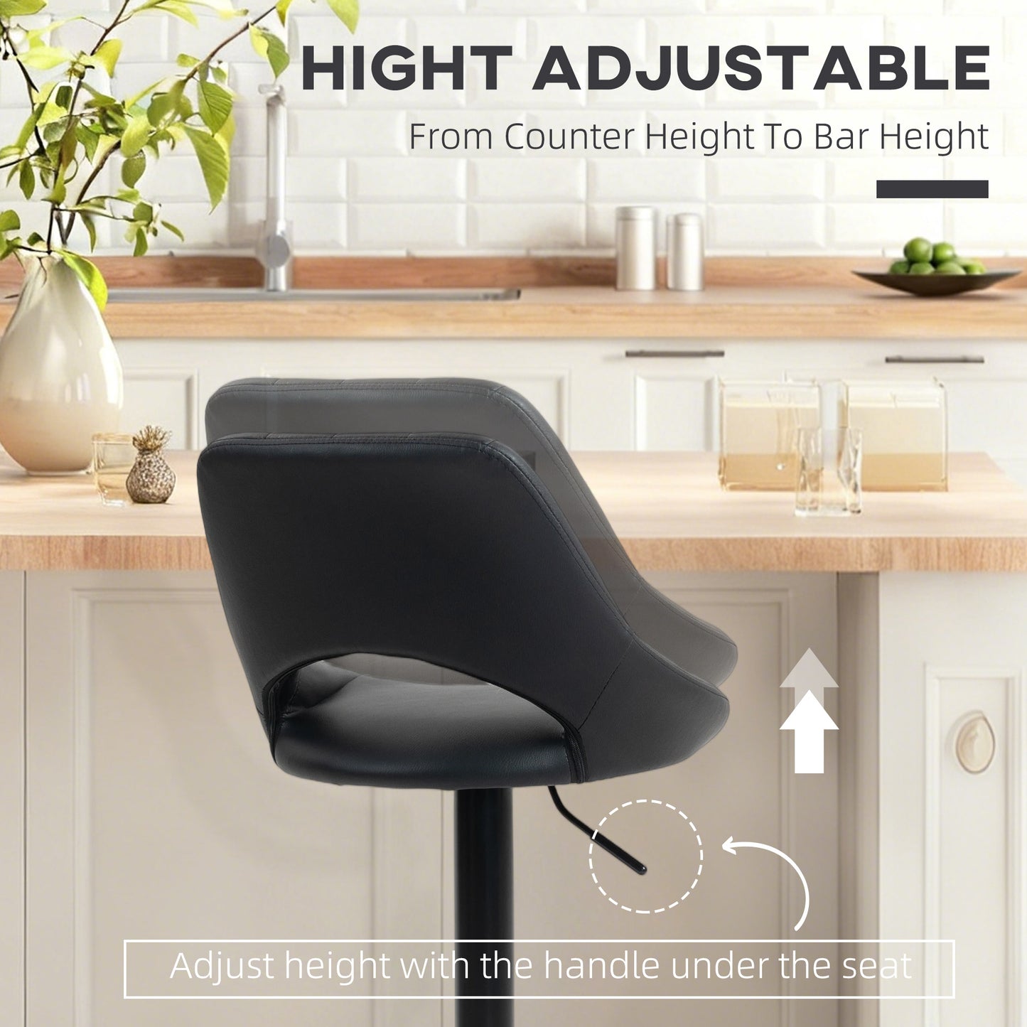 Set Of Two Faux Leather Bar Stools - Black