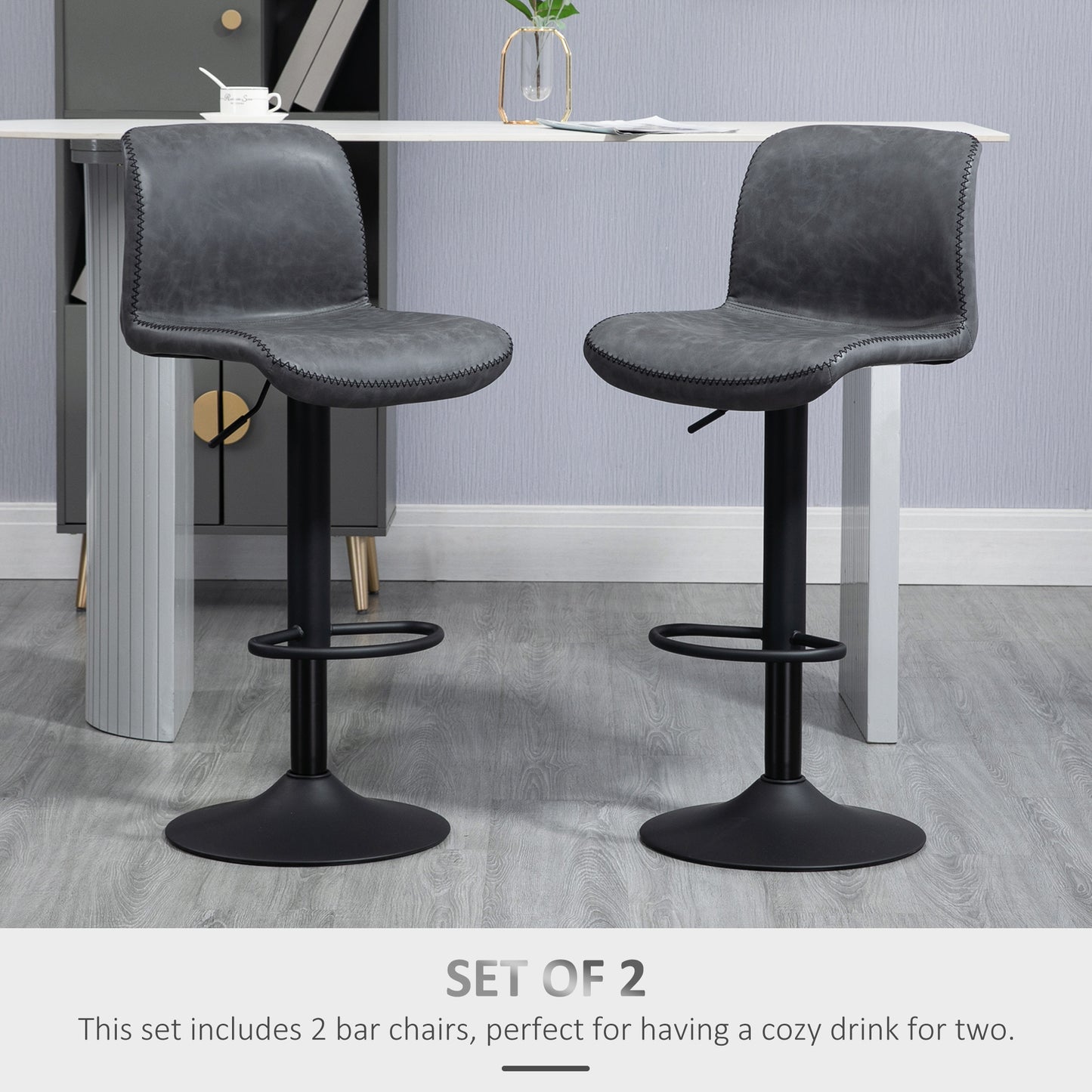 Bar Stools Set Of 2, PU Leather Barstools With Backrest And Footrest For Kitchen, Counter, Breakfast Bar, Dark Grey