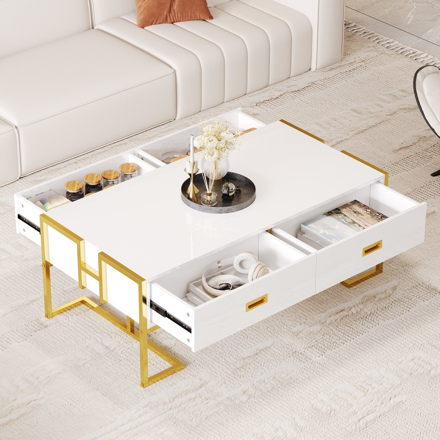 Modern White Rectangular Coffee Table With 4 Drawers And Gold Base In 47.3