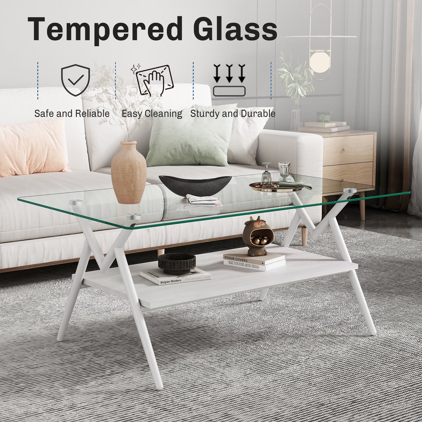 Rectangle Coffee Table With Tempered Glass Top And White Metal Legs, Modern Table For Living Room , Transparent Glass